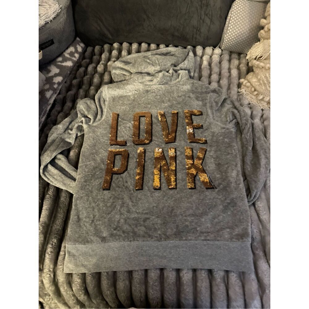 Vs pink y2k fur lined bling zip up hoodie jacket